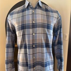 Hugo Boss Men's Light and Dark Blue Plaid Shirt
